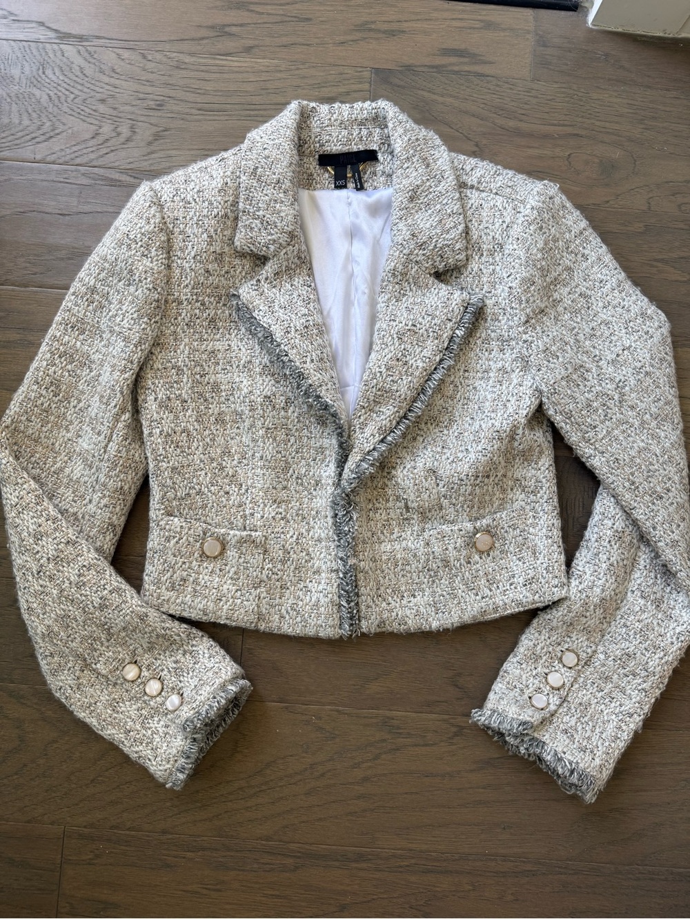 PAIGE Cropped Tweed Blazer in Light Gray White metallic rose gold xxs xs